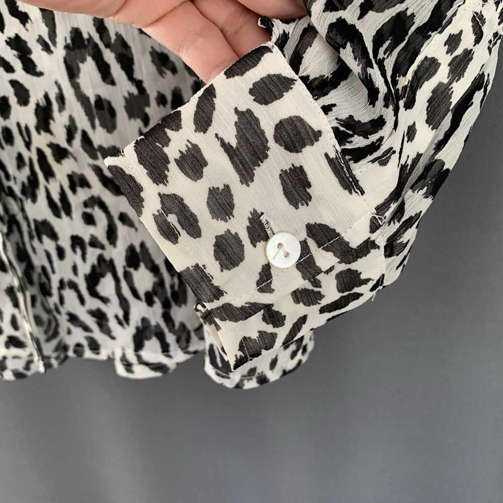 Chicos Chiffon Button Up Blouse Large Sheer Leopard Cheetah Mob Wife Glam Chic - Picture 13 of 16